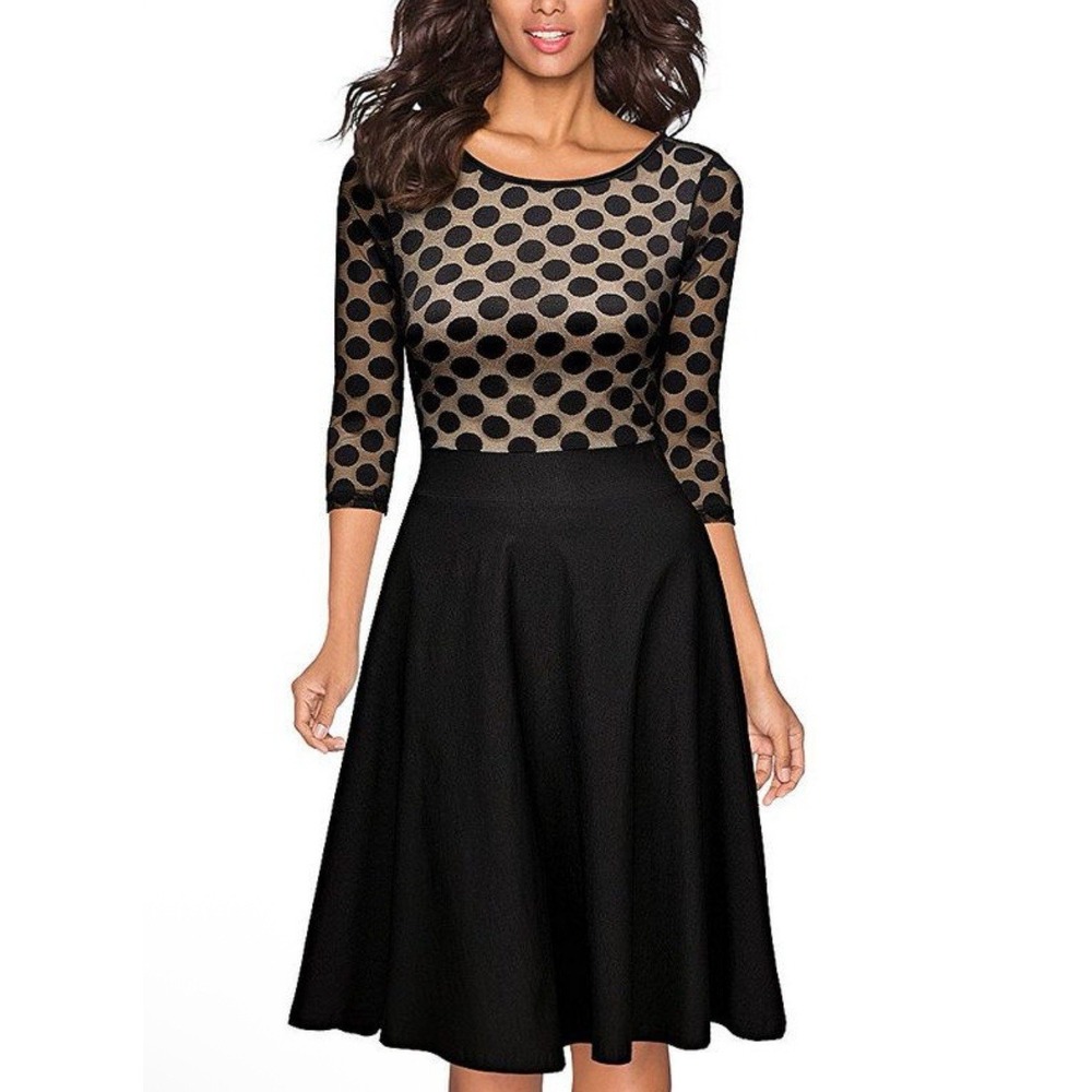 Miusol Black Polka Dot Dress A-line Womens XL Capsule Retro 50s Sheer Stretch EC